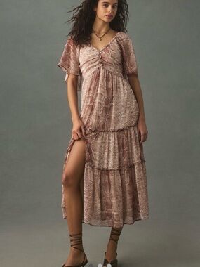 Women's Pink Tiered Maxi Dress with V-Neck